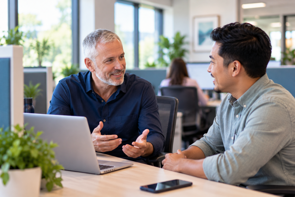 home care agency employees having a friendly conversation in a modern office, highlighting teamwork and more time for caregiver support through efficient software