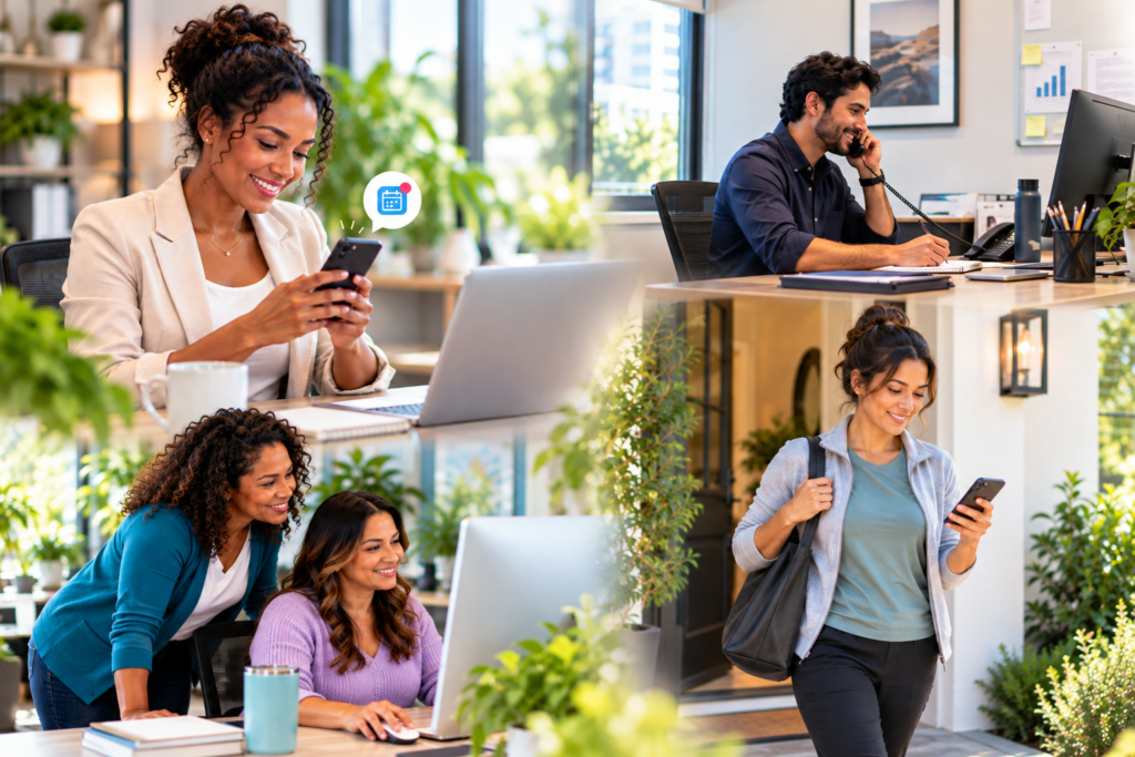 Optimized alt text: Childcare agency team manages digital operations, scheduling, and caregiver communication across office and mobile workflows