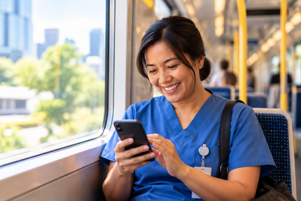 home care caregiver in blue scrubs checking a payroll received notification on her smartphone while commuting on a train, highlighting reliable and timely caregiver payments