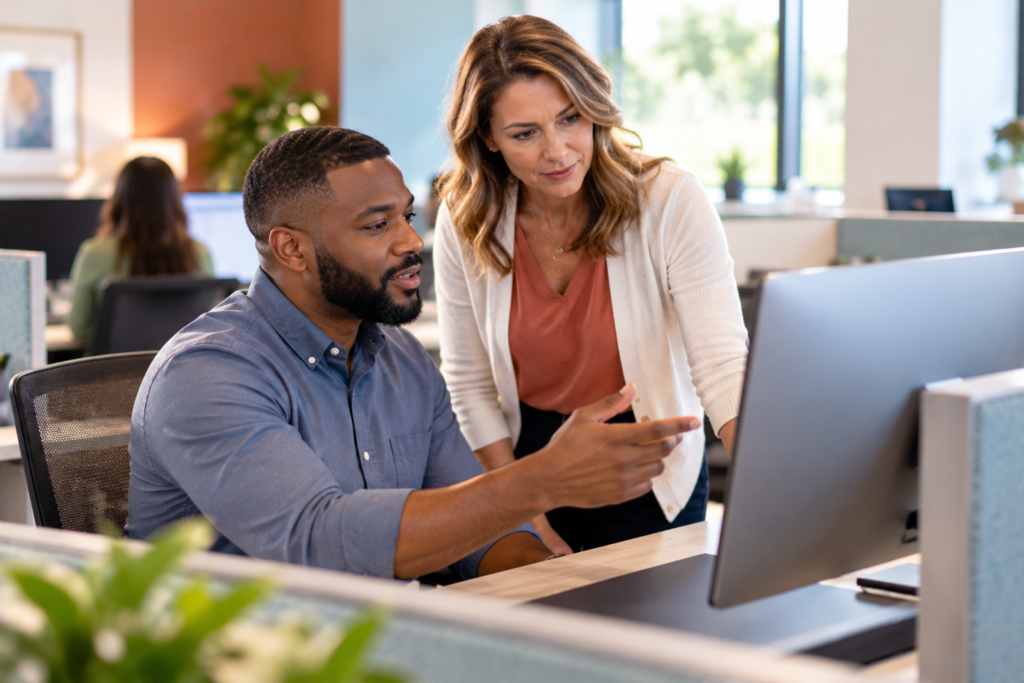 Home care agency administrator and caregiver reviewing digital scheduling and compliance information together on an office computer