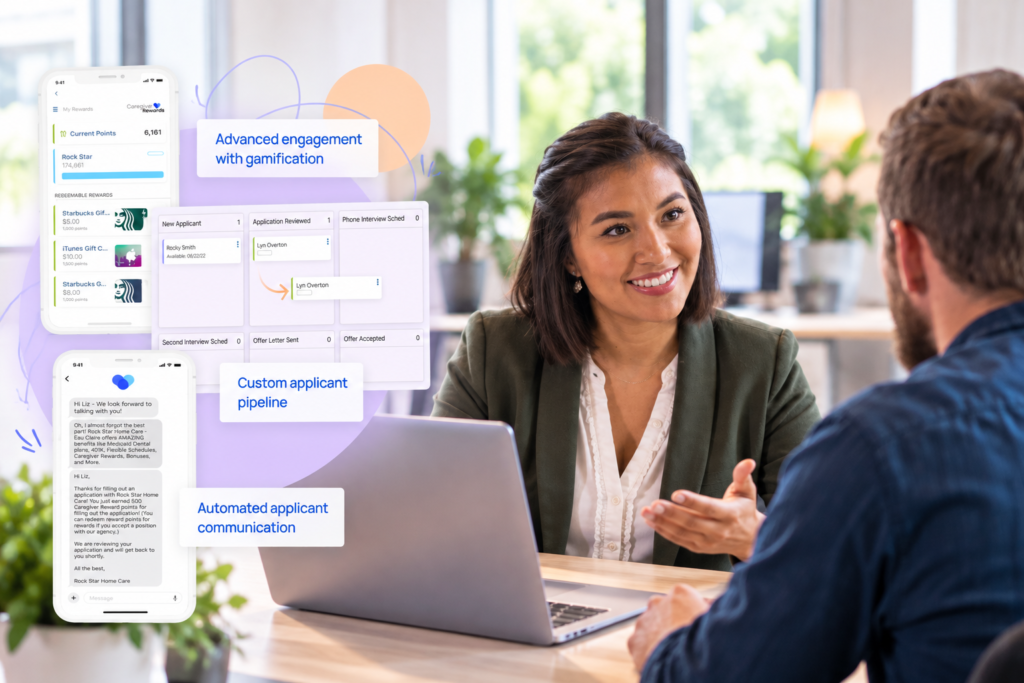 Home care recruiter interviewing a caregiver applicant, alongside digital recruitment tools for applicant tracking, automated communication, and caregiver engagement