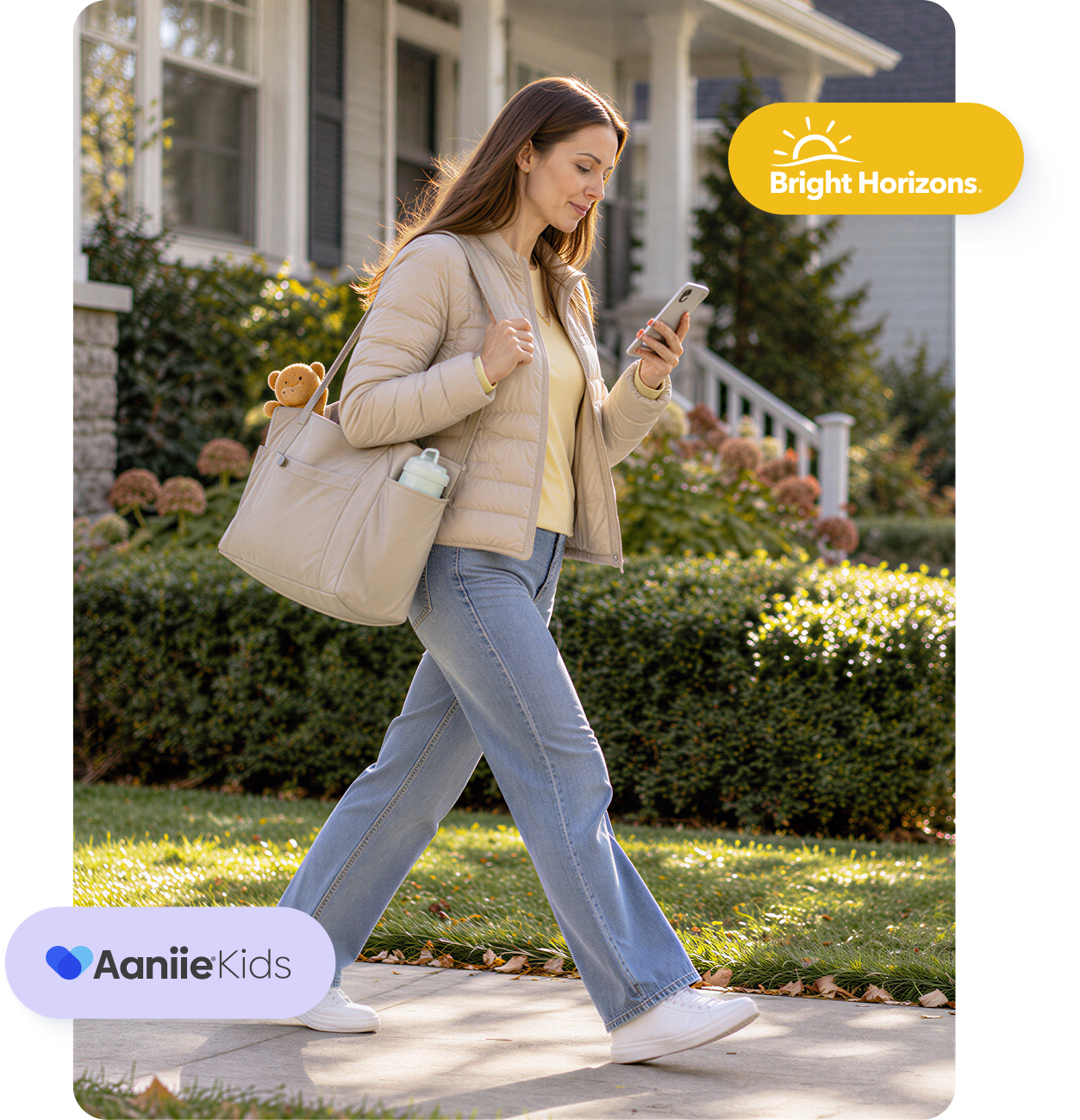Woman walking outdoors while checking her smartphone for childcare booking updates