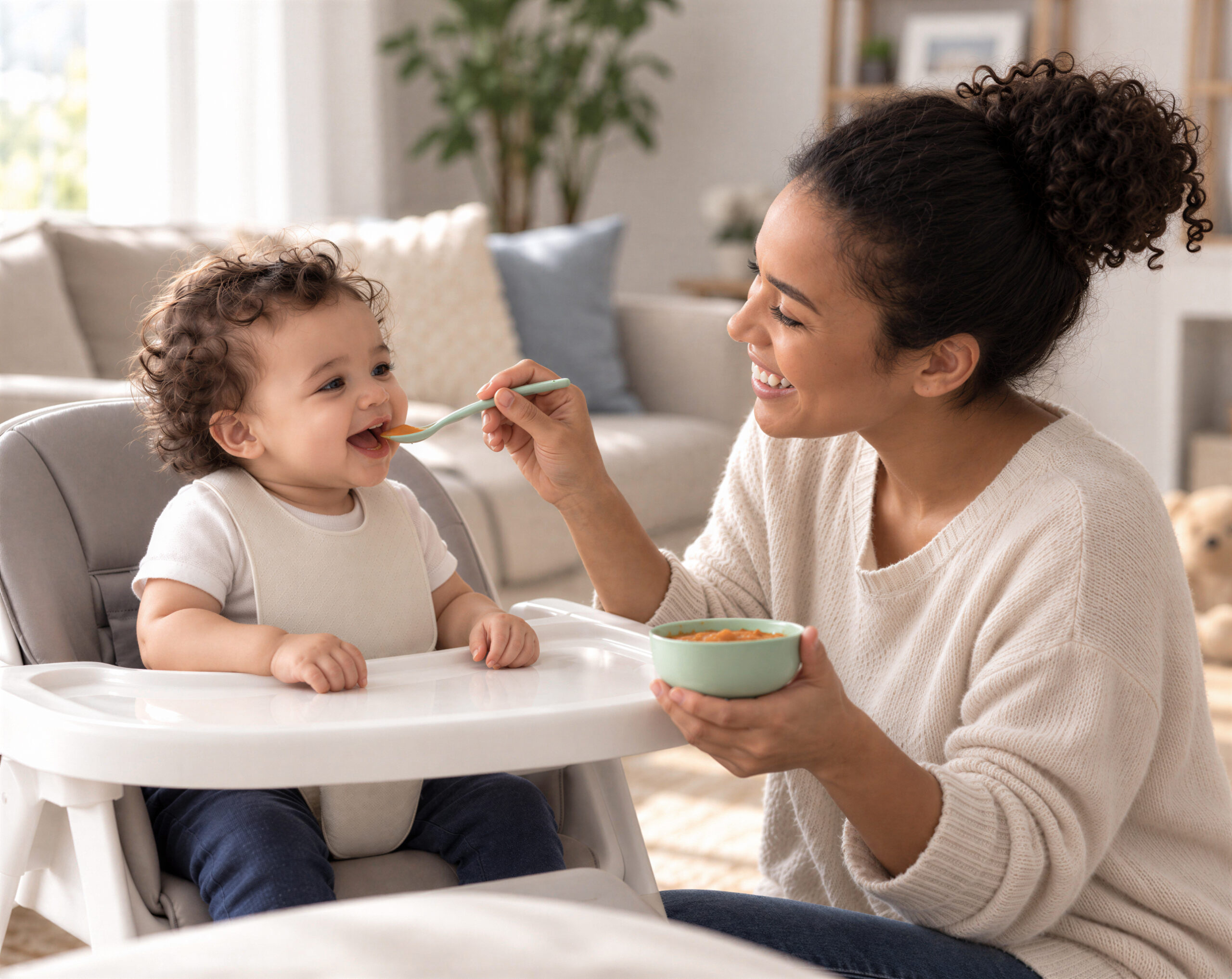 Nanny feeding a smiling baby seated in a high chair at home