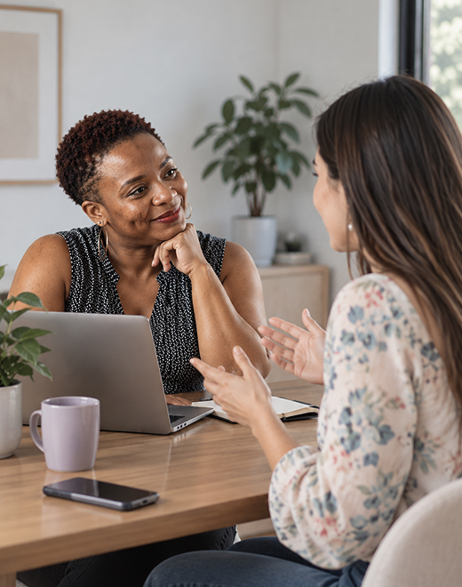 Babysitting agency recruiter interviewing a prospective sitter across a desk