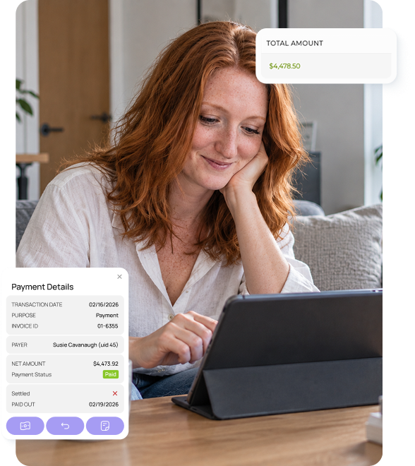 Woman using a tablet with digital payment details displayed on screen