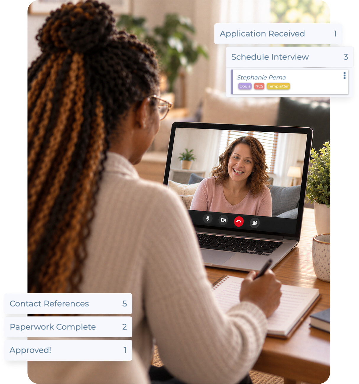 Nanny agency recruiter conducting a virtual interview with a candidate on a laptop