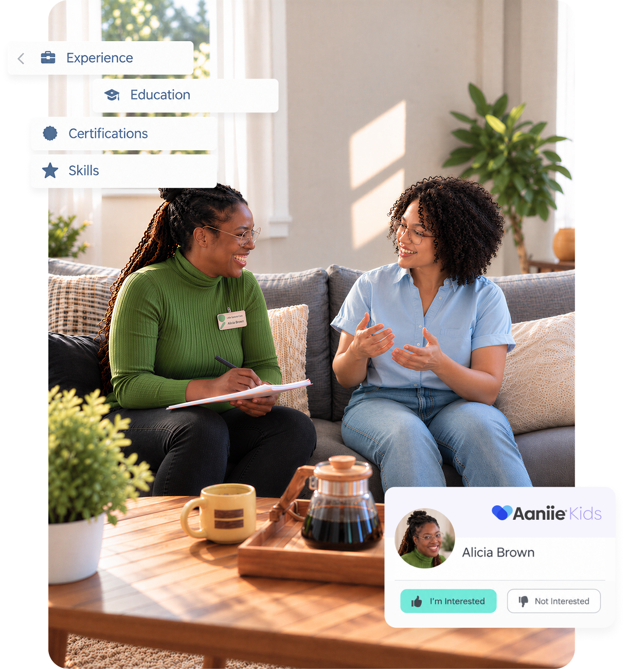 Two women discussing nanny placement during an in-person meeting