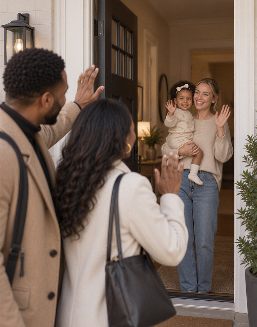 Babysitter greeting a family with a young child at their front door